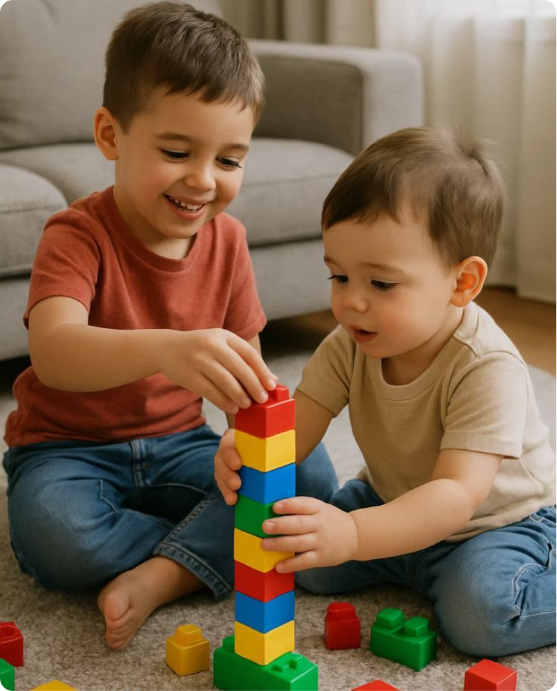 Two children making a colourful tower
