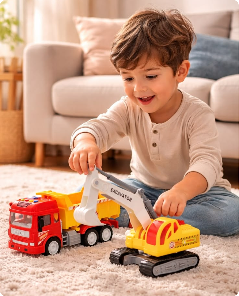 A child playing with toy trucks