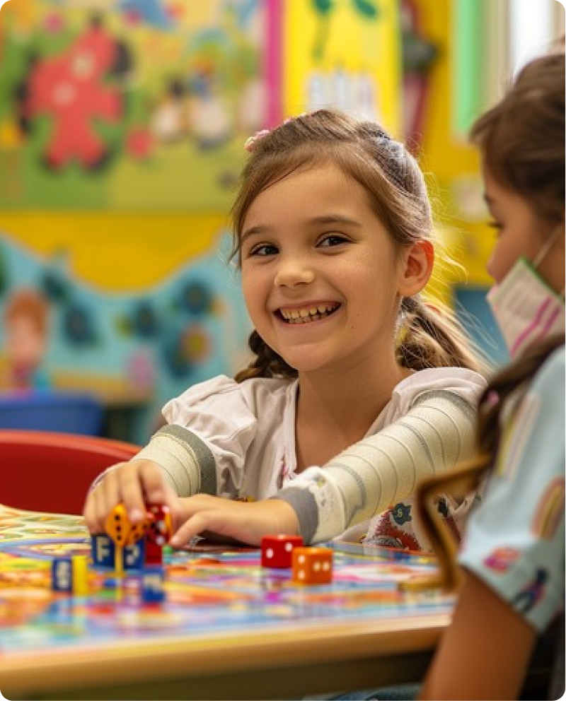 A smiling child exploring colourful toys